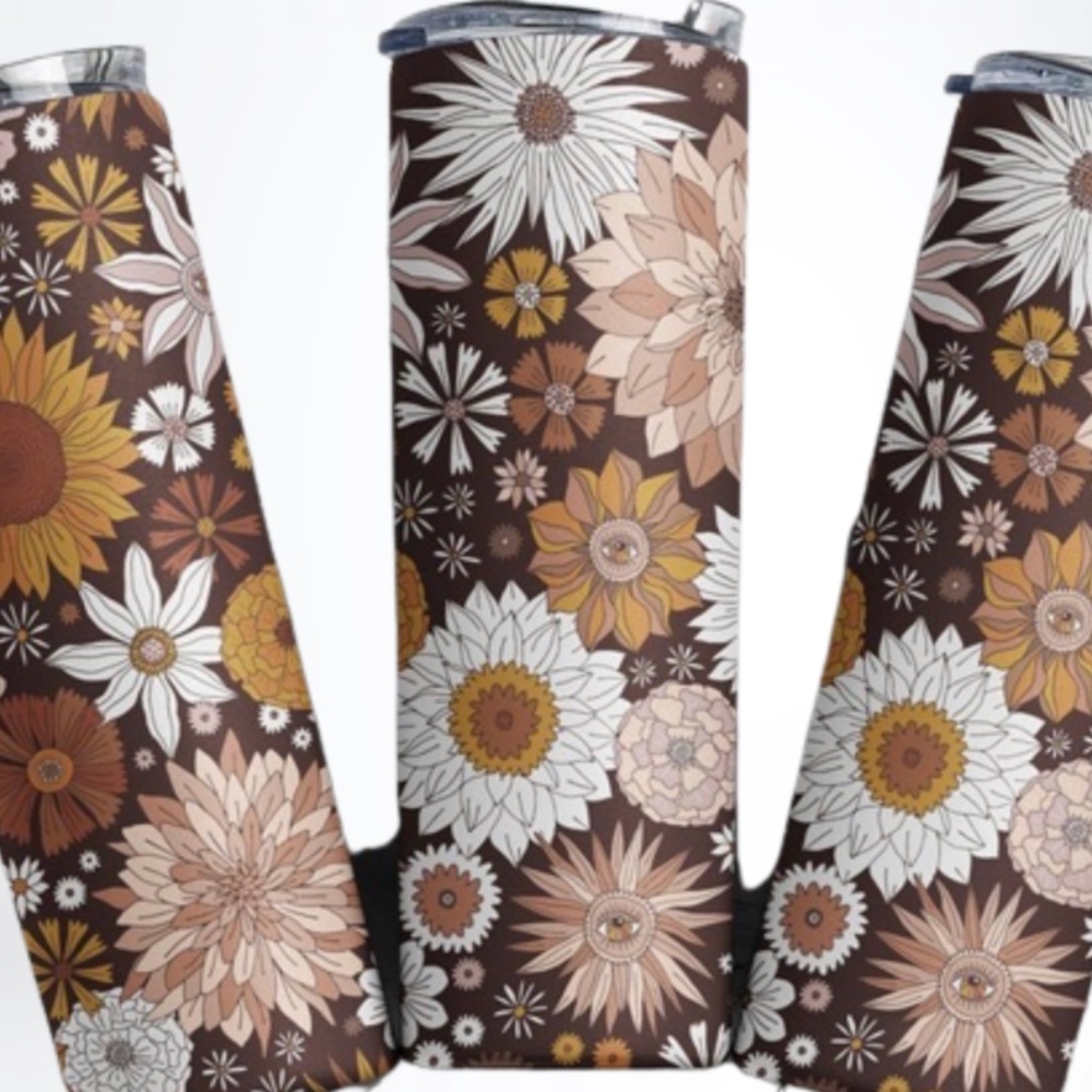 Handmade Brown and White Flowers 20oz Straight Tumblers with a Straw included